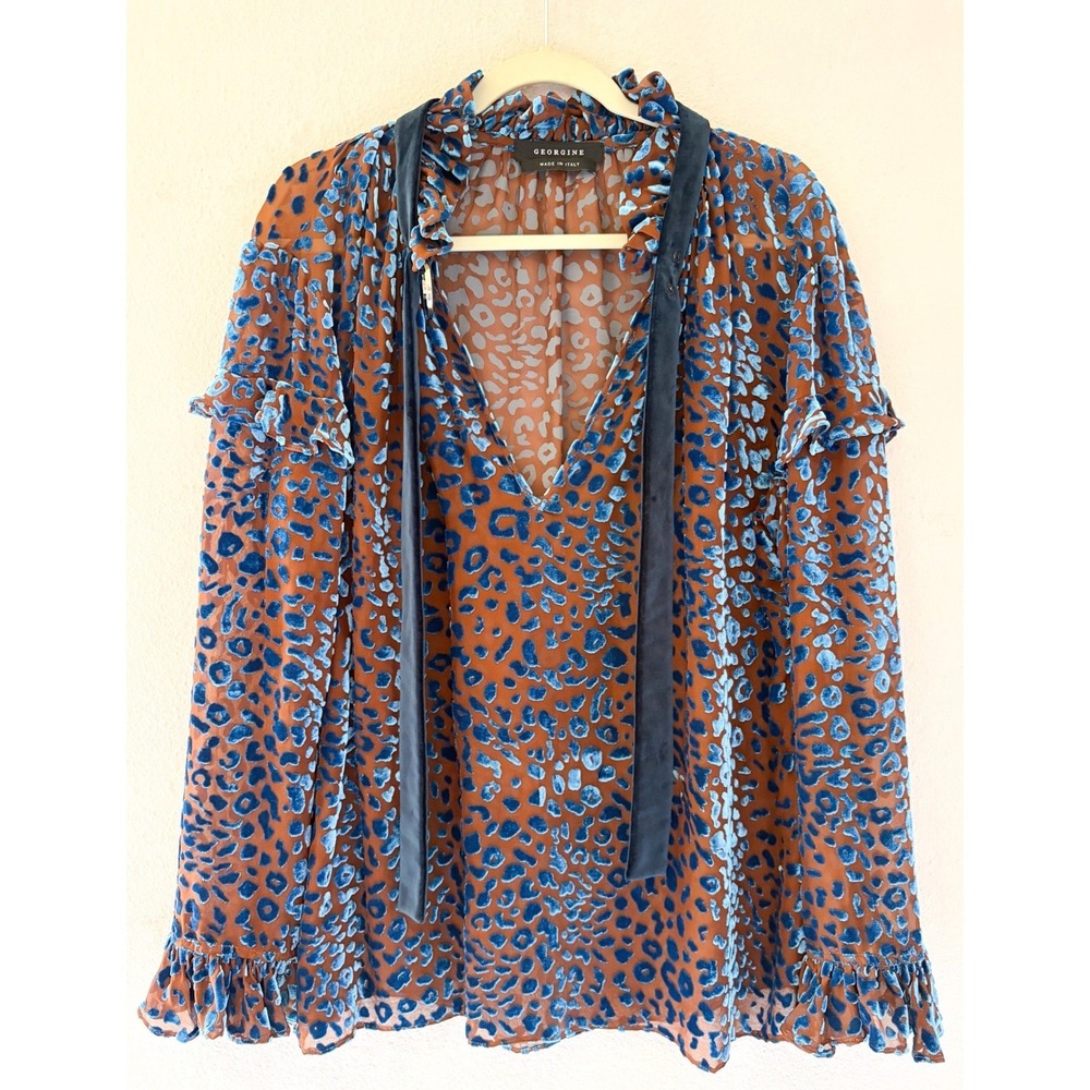 Georgine Made In Italy Blue Leopard Velvet Devore Silk‎ Blend Tie Neck Blouse 14